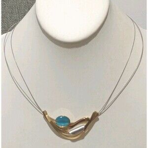Christophe PolyAbstract Gold Silver Tone Blue Cabachon Vintage Necklace